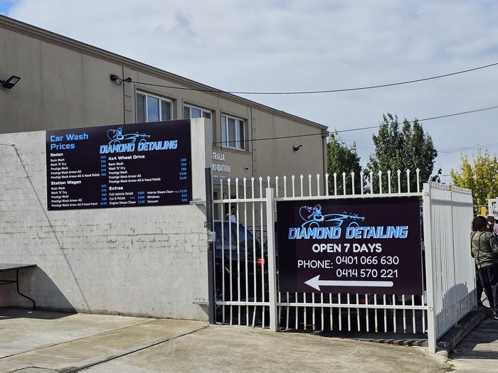 Car Detailing Fence Signs — Printed panels fixed to the front fence listing services and opening hours by Top1 Signs, Melb…